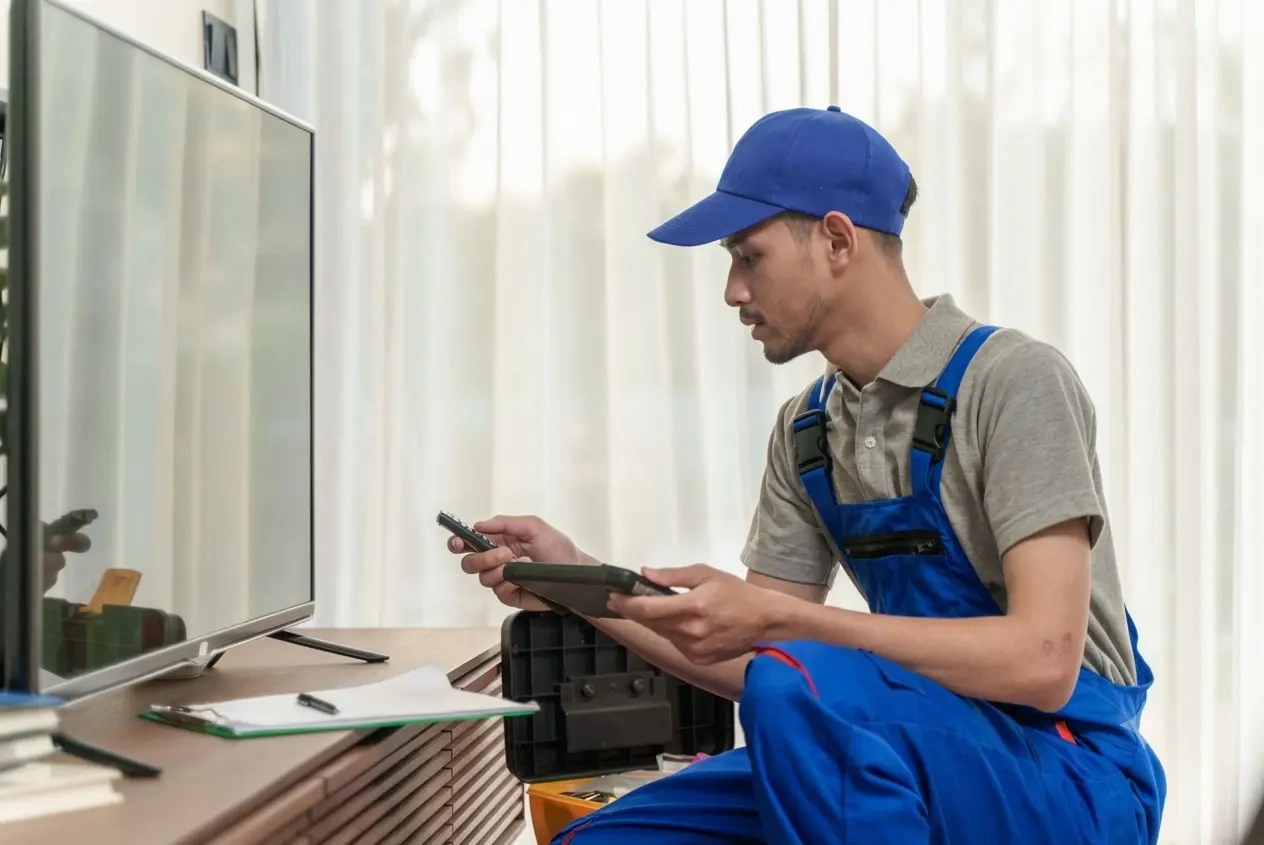 Smart Fix Senior LED TV Repair Technician testing TV doorstep in Coimbatore